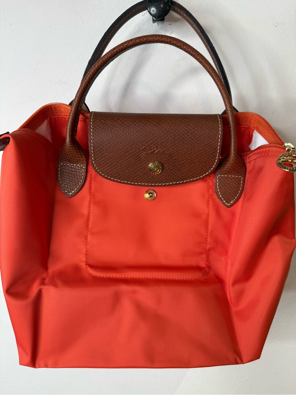 Longchamp Small Top-Handle Tote in Orange with Brown Trim